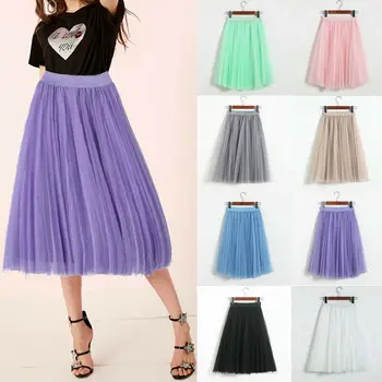 

2020 Women Fashion Lady Girl Tutu Tulle Skirt Elastic Waist Mesh Net Lace Solid Color Pleated Skirt