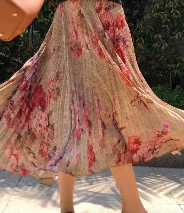 

2019 Spring And Summer New Versatile High-waisted Retro Slimming Printed Pleated Skirt Mid-length Big Hemline Skirt Long Skirts
