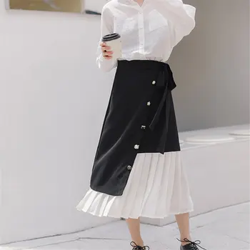 

Hzirip 2019 Retro Fashion Chiffon Summer Patchwork Black Vintage Pleated High Waist Single Breasted A-Line Skirts Large Size