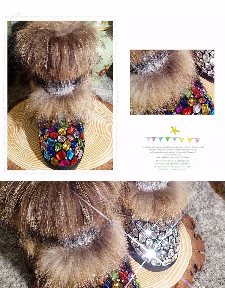 Womens Real Fox Fur Rainbow Colors Crystal Diamond Rhinestones Ankle Boots Bowknot Snow Warm Winter Flats Bling Shoes Luxury DIY