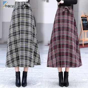 

Women's Winter Red Elastic Waist A Line Long Maxi Woolen Plaid Skirt O031