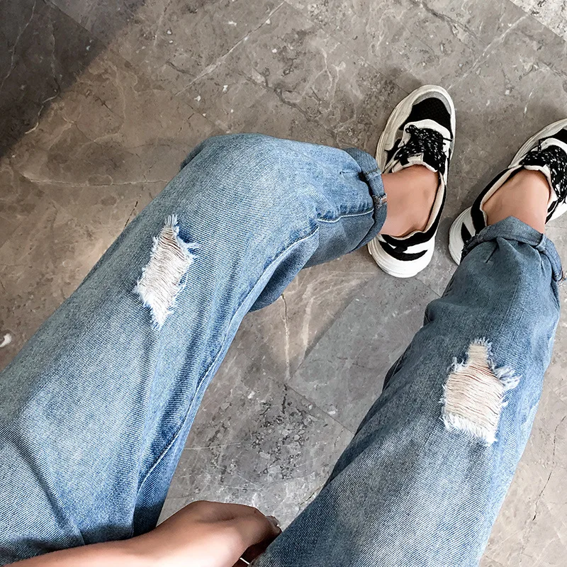 Jeans Woman High Waist Ripped Loose Korean-Style Slim Elastic Waist Harem Pants