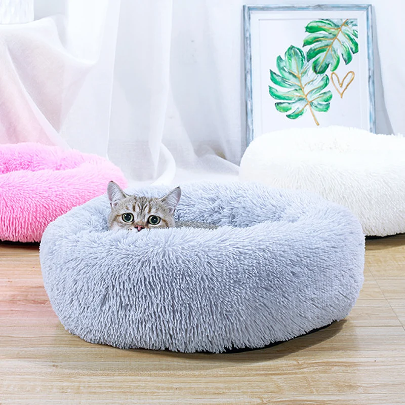 Кресло для домашних животных кошка кровать круглая, щенок Успокаивающая кровать теплый мягкий плюш круглый милый гнездо удобный спальный, Пончик кошка и собака кровать теплая кровать