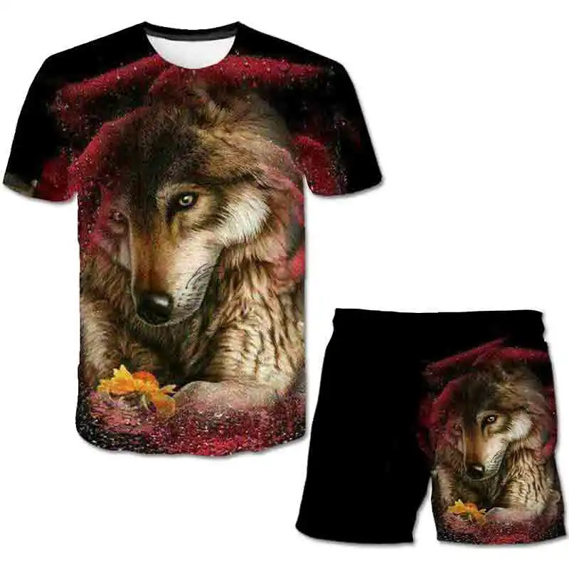 designer clothing sets 2021 Children's 3D Animal Wolf Print T-shirt Set, Summer T-Shirt Fashion Shorts Boys Cartoon Set, 3-14 Years Old Clothing Sets	