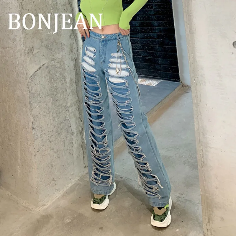 Bonjean поддельные две части брюки для женщин осенние длинные брюки свободные синие джинсы Рваные прямые джинсовые брюки BJ1614