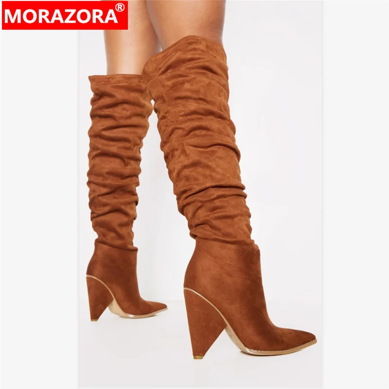MORAZORA/ г., Новое поступление, высокие сапоги до бедра женские осенние вечерние сапоги из флока с острым носком на высоком каблуке женские Сапоги выше колена