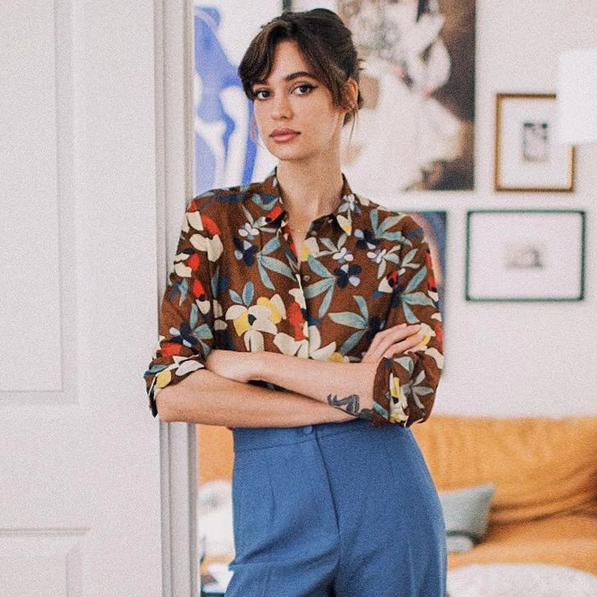 Chic Floral Printed Shirt Women Summer Vintage