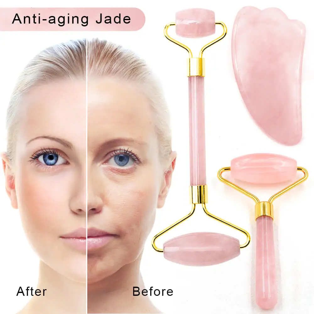 

Natural Jade Roller Facial Crystal Plate Massager Tool Eye Face Neck Thin Lift Body Skin Relaxation Slimming Pink Guasha Set Box