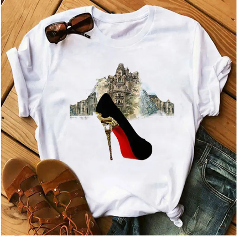 

AOWOF Fashion Print High Heels Ladies Funny T-shirt 90s Ladies Hip Hop Punk T-shirt Fashionable Ladies Streetwear T-shirt