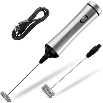 

Usb Chargeable Double Spring Whisk Head Electric Milk Frother Stainless Steel Handheld Milk Foamer Drink Mixer Two Speeds