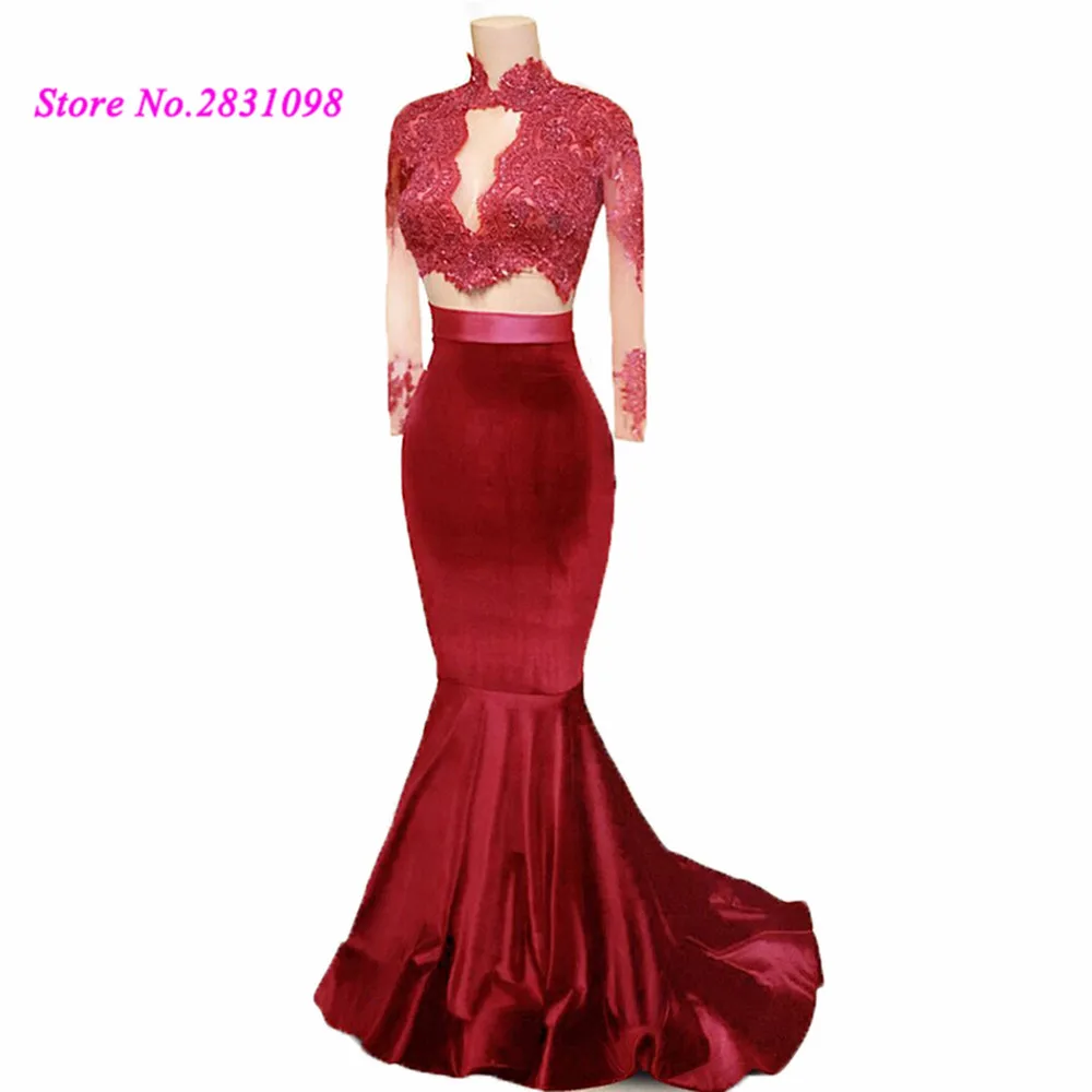 Бархатные бордовые красные платья для выпускного вечера из 2 предметов с длинным