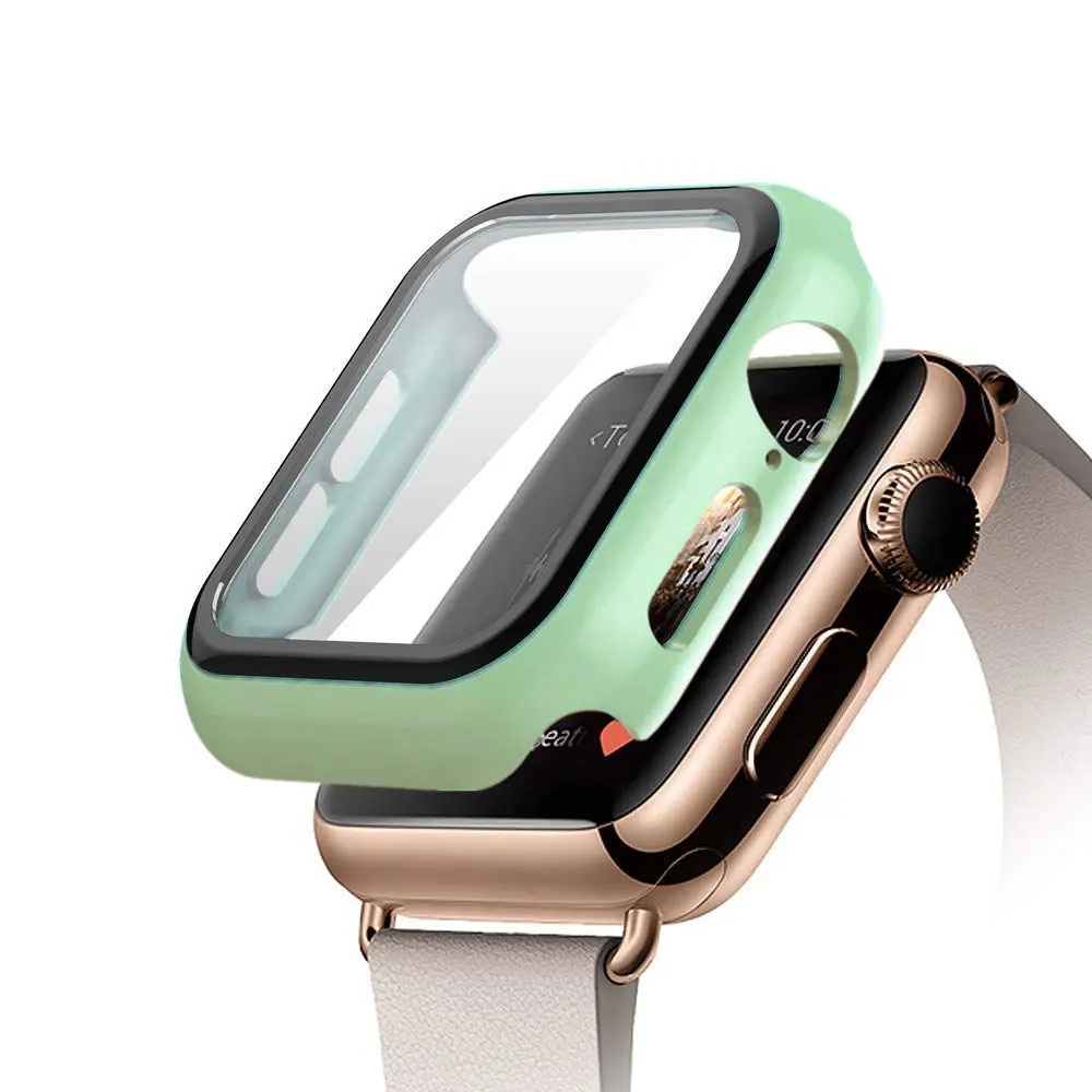 Mint Tempered Glass+case For Apple Watch 5 4 band 44mm 40 iWatch 3 2 42mm 38mm Screen Protector+cover bumper apple watch Accessories - Цвет: Mint