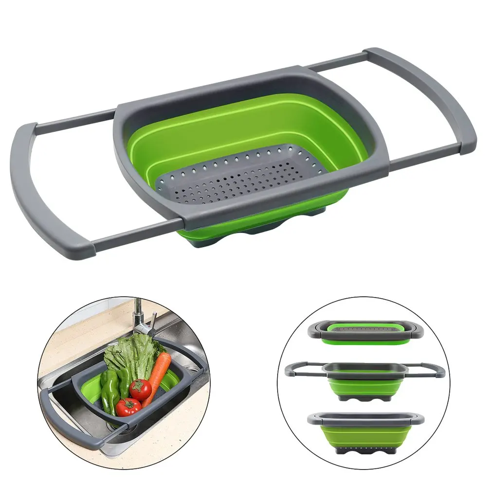

Kitchen Strainers Folding Drain Basket Colander Collapsible with Extendable Handles Sink Colander for Draining Fruit Vegetable