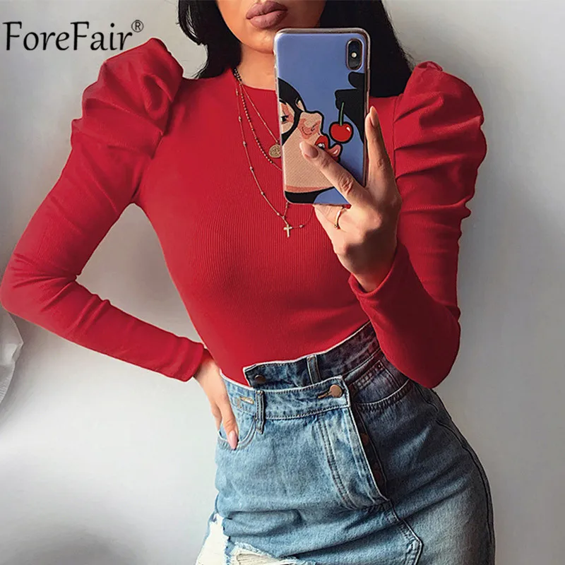 Красный Forefair, длинный рукав с буфами, трикотажная водолазка, боди, Женский Повседневный Топ, Осень-зима, комбинезон, черный, красный, женский элегантный комбинезон - Цвет: Красный