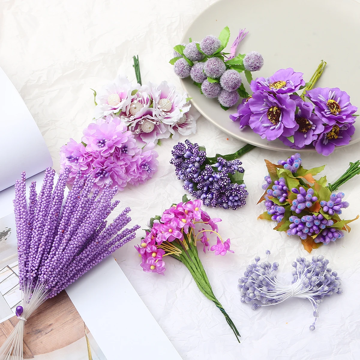 Purple Flower Cherry Stamen Berries Bundle for DIY Decor and Crafting