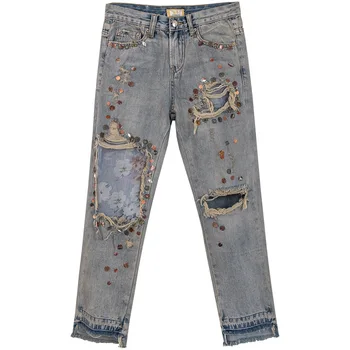 

Spring Summer Womens High Waisted Printed Sequined Ripped Hole Jeans Pants , Woman Tassel Straight Denim Trousers