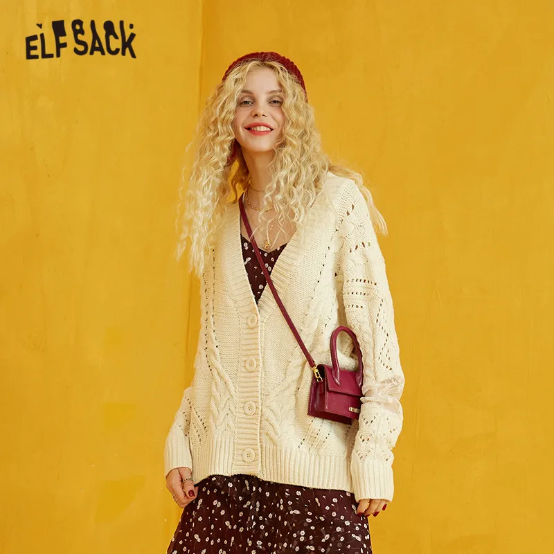 ELFSACK Burgundy Solid Lace Contrast Knitted Cardigans Sweater Women 2019 Beige Autumn Single Breasted Patchwork Ladies Sweaters |