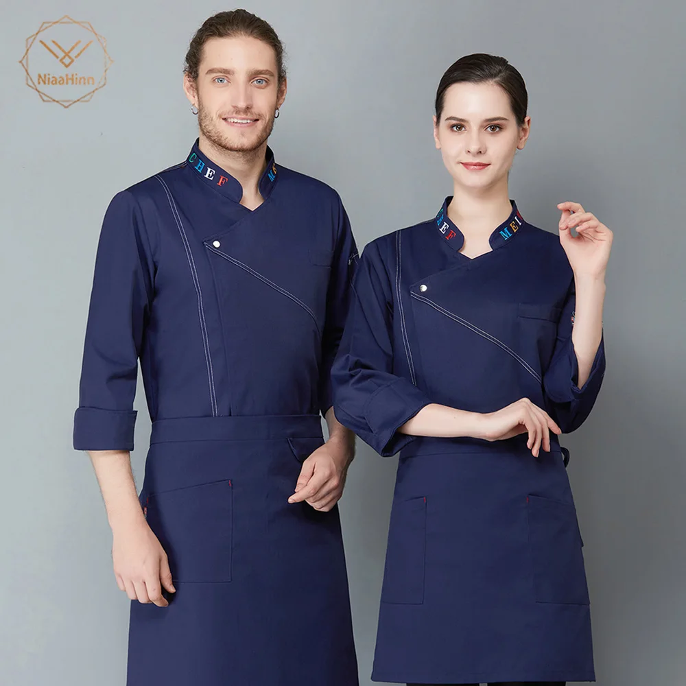 

High Quality Neckline Colorful Letter embroidery Chef Uniforms Clothing Long Sleeve Men Food Services Chef Clothes Chef Jackets