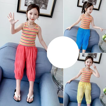 

Toddler Girls Clothing Sets New Summer Girls Clothes Colorful Striped Chiffon Pants Outfit Kids Tracksuit Suit Children Clothes