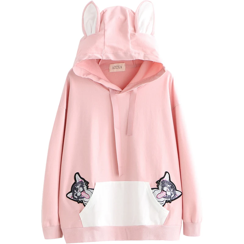 Розовый Merry Pretty женские толстовки с капюшоном и вышитыми кошачьими ушками на капюшоне зимний теплый пуловер с капюшоном в стиле Харадзюку - Цвет: Розовый