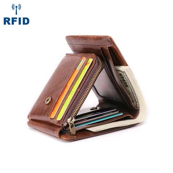 

Men's RFID Wallet Top Layer Cowhide Wallet Retro Style Male Short Wallet Zipper Coin Purse Cards Holder