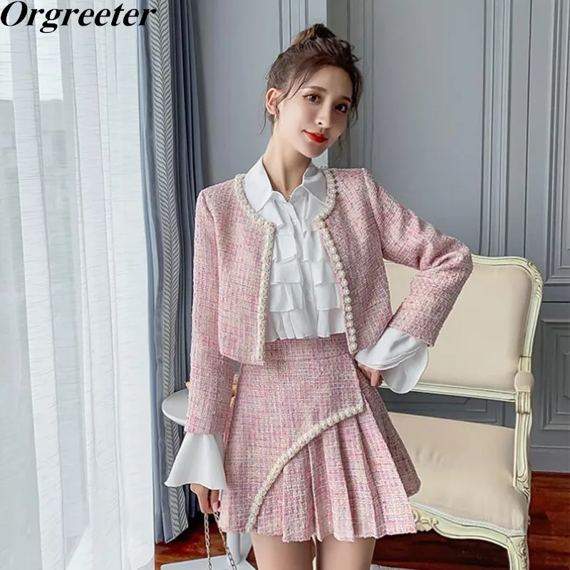 Autumn New Tweed Two-Piece Set Women Short Beaded Jacket Pleated
