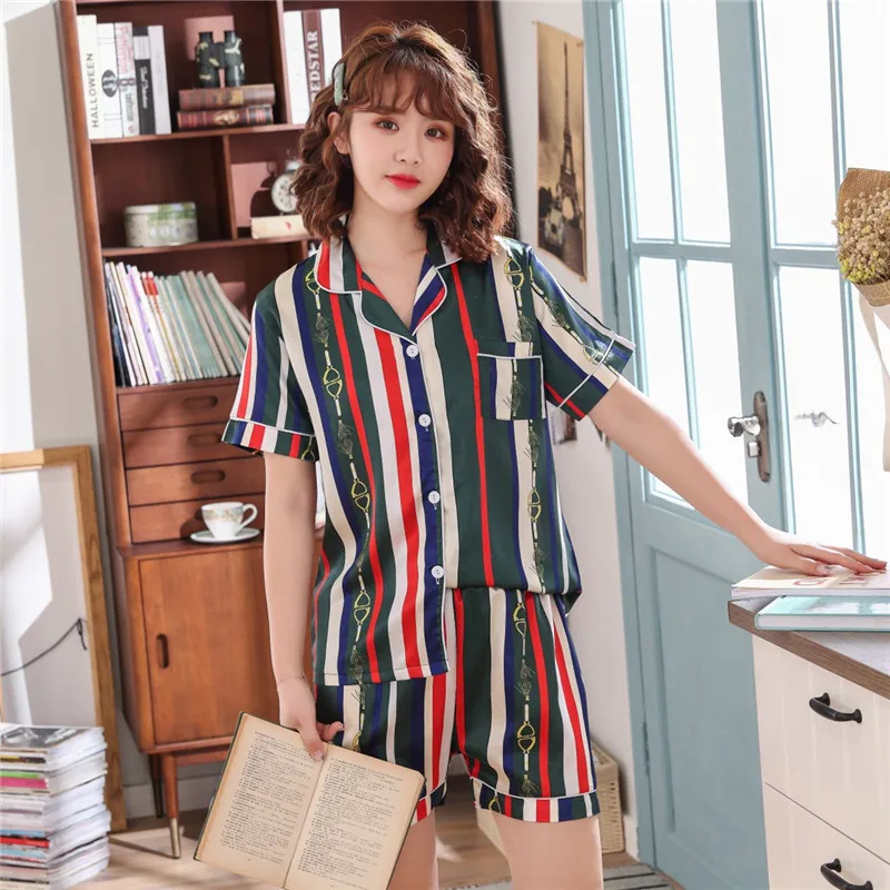 

304 # Pajamas Women's Summer Short-sleeved Set Korean-style Cardigan Green Red Article Model Silk Sweet Students Home Wear Thin