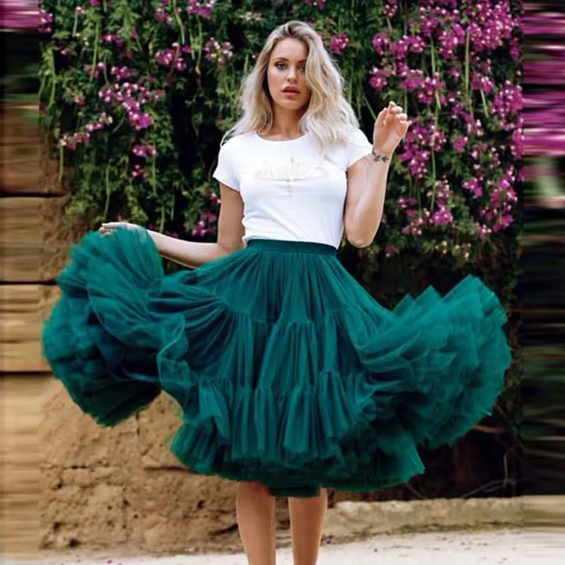 2020 Hot Sale Pretty Puffy Teal Midi Tulle Skirts Women Elastic Fashion