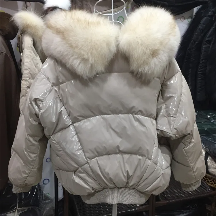 Женский пуховик из лакированной кожи в Корейском стиле, новинка, короткий большой Лисий мех, яркая поверхность, сердце, бабочка
