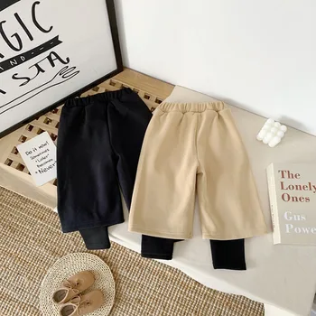 

WLG baby winter pants kids velvet thick black beige fake two loose pant baby girl casual all match trousers 1-5 years
