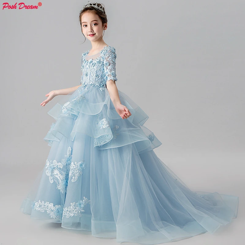 POSH DREAM Light Blue Children Flower Wedding Party Dresses Long Train Tail Girl Princess Evening Prom | Детская одежда и обувь