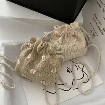 

Straw Weave Bucket Bags Rattan Women Summer Beach Shoulder Bags Handbags Totes Casual Handbags Retro Mini Shoulder Bag