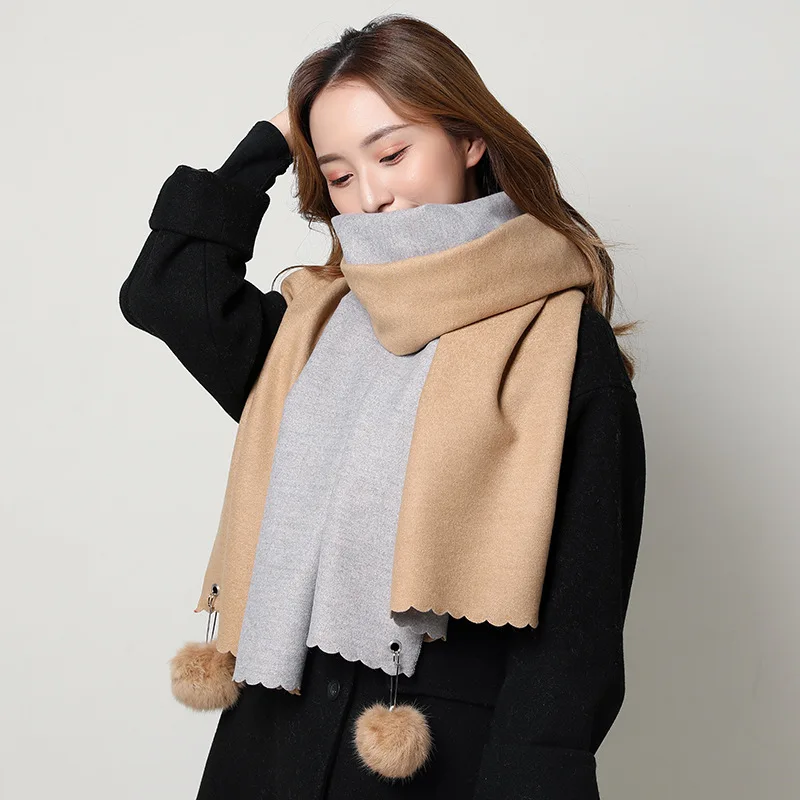 camel beige Новинка 350 г, зимний женский шарф, модные одноцветные двухсторонние мягкие кашемировые шарфы, шаль и обертывания, бандана, женский шарф с меховым помпоном - Цвет: camel beige