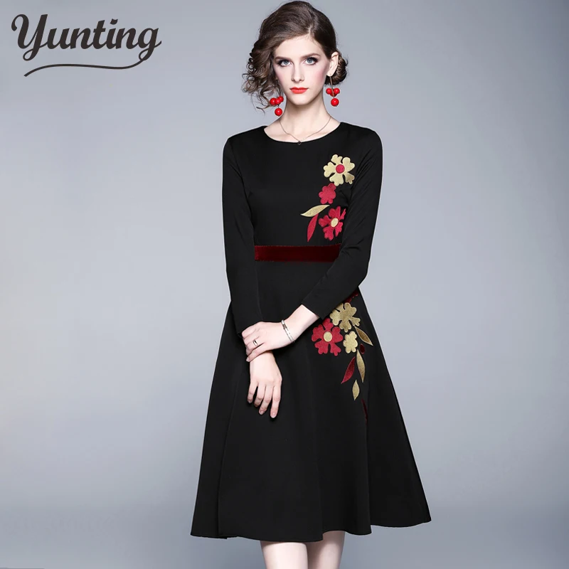 Женское бархатное платье с длинным рукавом круглым вырезом | Женская одежда