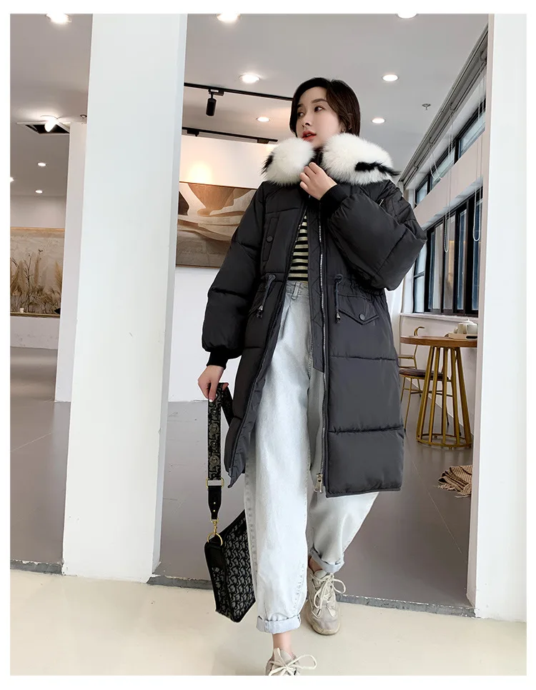 Зима, стиль, корейский стиль, с капюшоном, приталенное, большой меховой воротник, средней длины, женская одежда с хлопковой подкладкой, плотное пальто