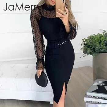 

JaMerry Sexy striped lace women dress Black polka dots belt sheath party dress Puff sleeve autumn winter office ladies dress