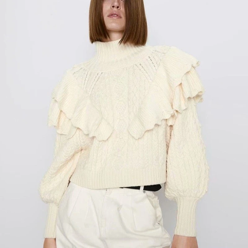 Женский вязаный свитер короткий винтажный пуловер с оборками высоким воротом и