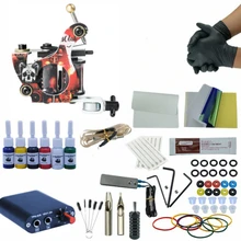 Набор для начинающих татуировок, 8 Катушек, одиночная машинка для пистолета, 6 цветов, наборы чернил для татуировки, источник питания, одноразовая игла