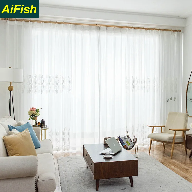 

White Embroidered Elegant Banana Leaf Sheer Curtains Semi-transparent Tulle Windows Curtain for Kitchen Living Room TM1463