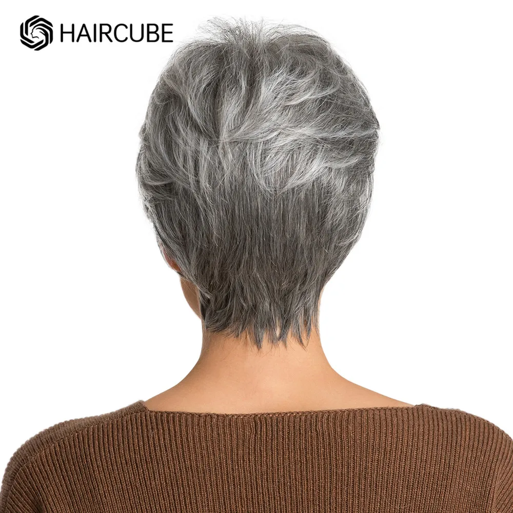 Short Gray Hair Wig with Bangs Silver Ash Pixie Wigs for Women Synthetic Wigs Mixed With Human Hair High Temperature HAIRCUBE