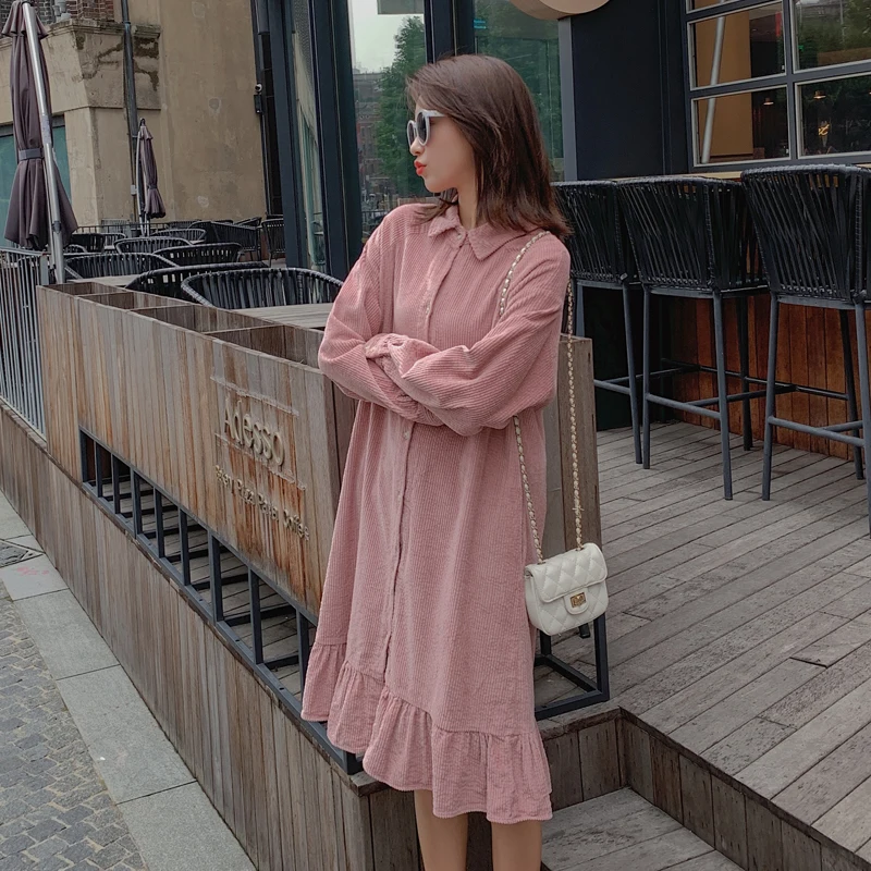 pink Осеннее платье для кормящих женщин, плюс размер, отложной воротник для беременных, вельветовый халат для кормящих женщин, пуговица, платье для кормления - Цвет: pink