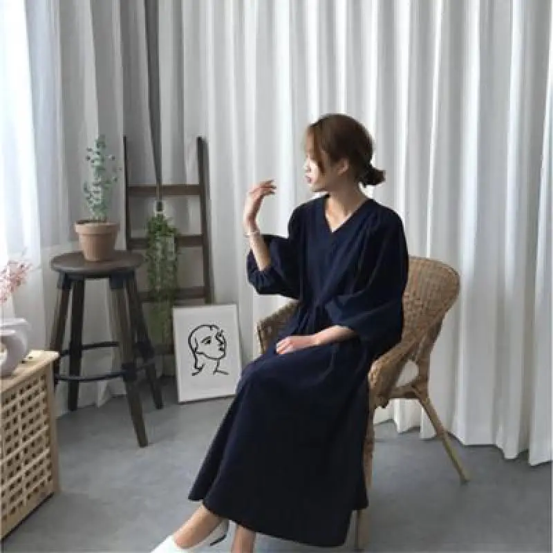 

2022 Summer New Arrival Korean Simple Solid Color V-neck Loose Thin Casual Retro All-match Women Big Swing Dress Free Shipping