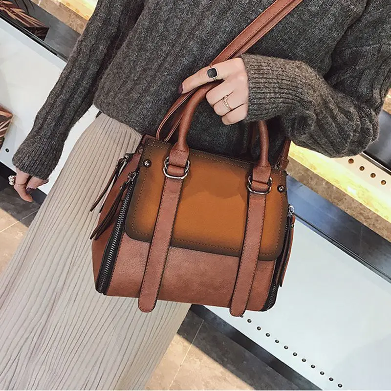 PU leather women handbag vintage tote bag panelled stone women shoulder bag messenger bag