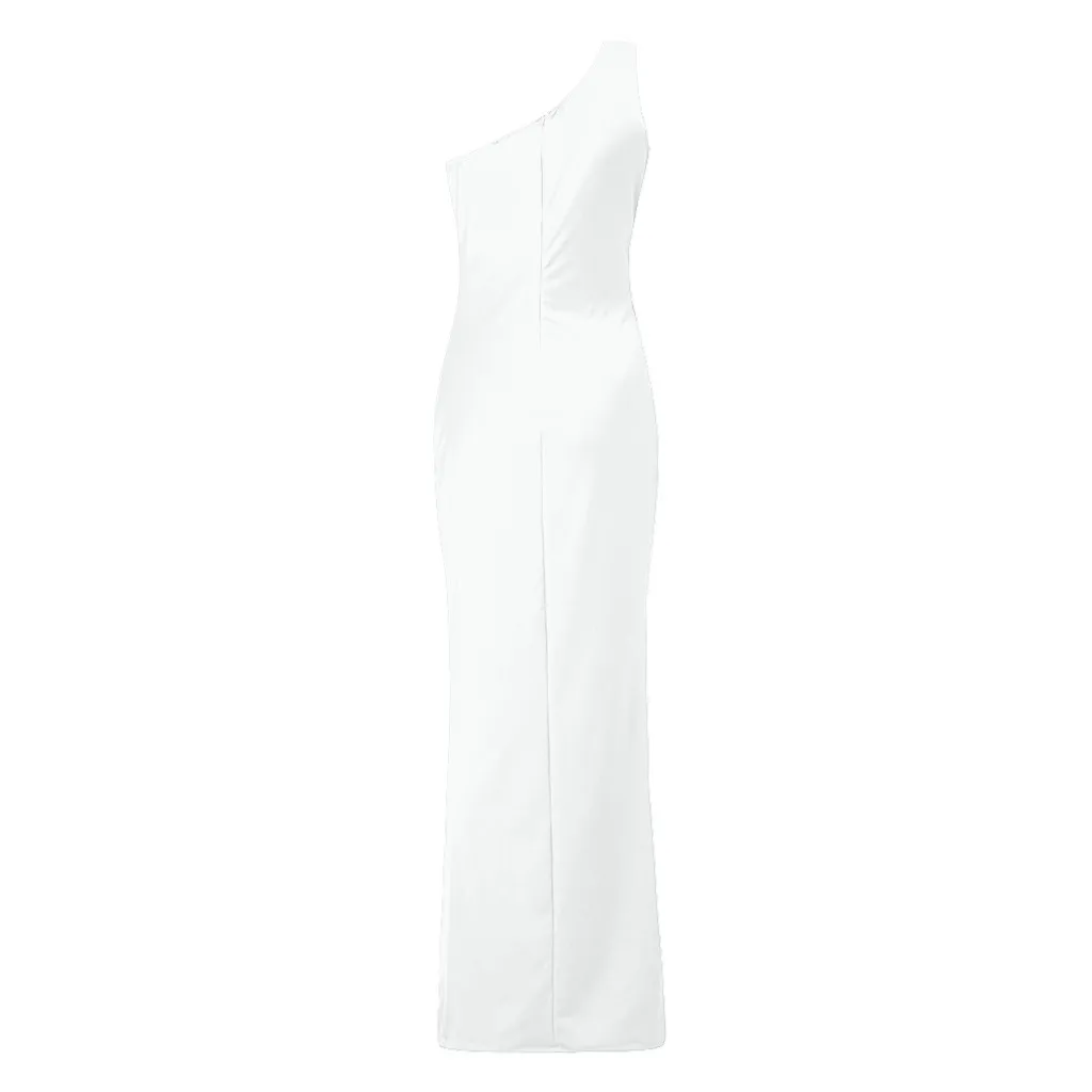 KANCOOLD, женское вечернее платье на одно плечо с рюшами, узкие Макси-платья, белые атласные платья с длинным рукавом для выпускного вечера
