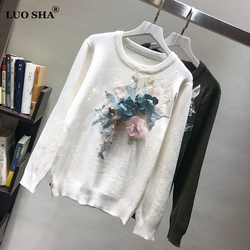 

LUOSHA Women Autumn Winter Appliques 3D Flower Knitted Pullover And Sweaters Female Casual Jumper Pull Femme Sweater Mujer