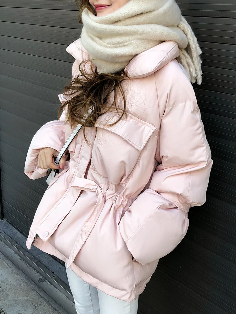 Зимнее Новое модное Розовое свободное приталенное пальто с воротником толстое короткое хлопковое Женское пальто Размер s m l по всему миру