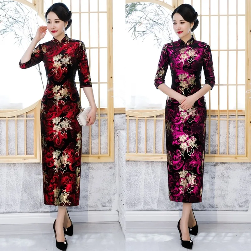 Женское винтажное китайское платье с цветочным принтом, новинка размера плюс 5xl Cheongsam, элегантное Qipao Vestidos, велюровое вечернее платье