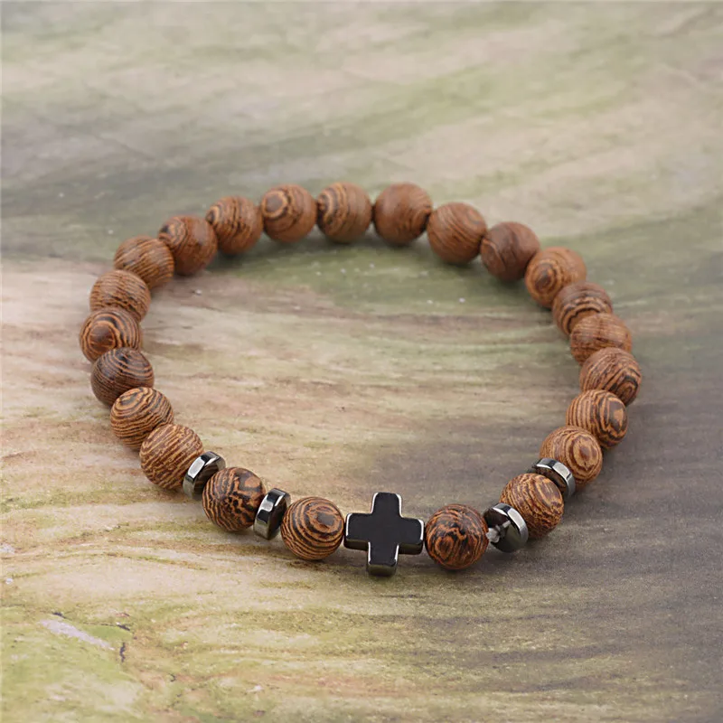 Настоящий Сандал мужские браслеты крест ювелирные изделия молитва pulsera hombre деревянные бусы, четки, браслет для женщин Подарки