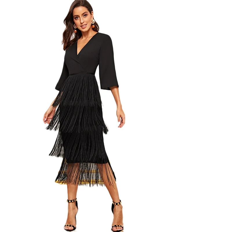 COLROVIE Black Surplice Neck Layered Fringe Trim Pencil Dress Women V neck Long Dress Summer Glamorous Solid Dresses