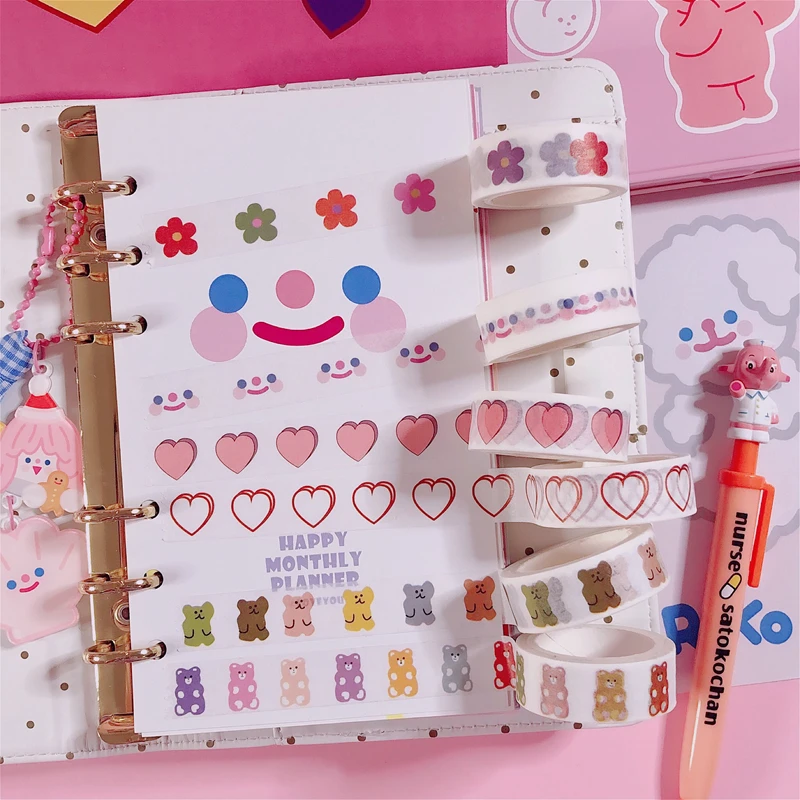 Cinta adhesiva con estampado de oso sonriente y papel, cinta Washi decorativa con diseño de flor de amor kawaii de Corea, para cuentas de mano, papelería
